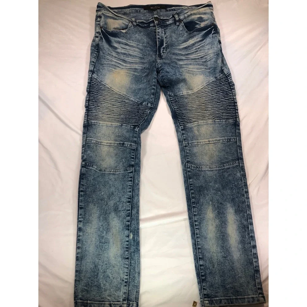 Reason Brand Mens Moto Biker Jeans Acid Wash Blue Distressed Slim Straight 38x30